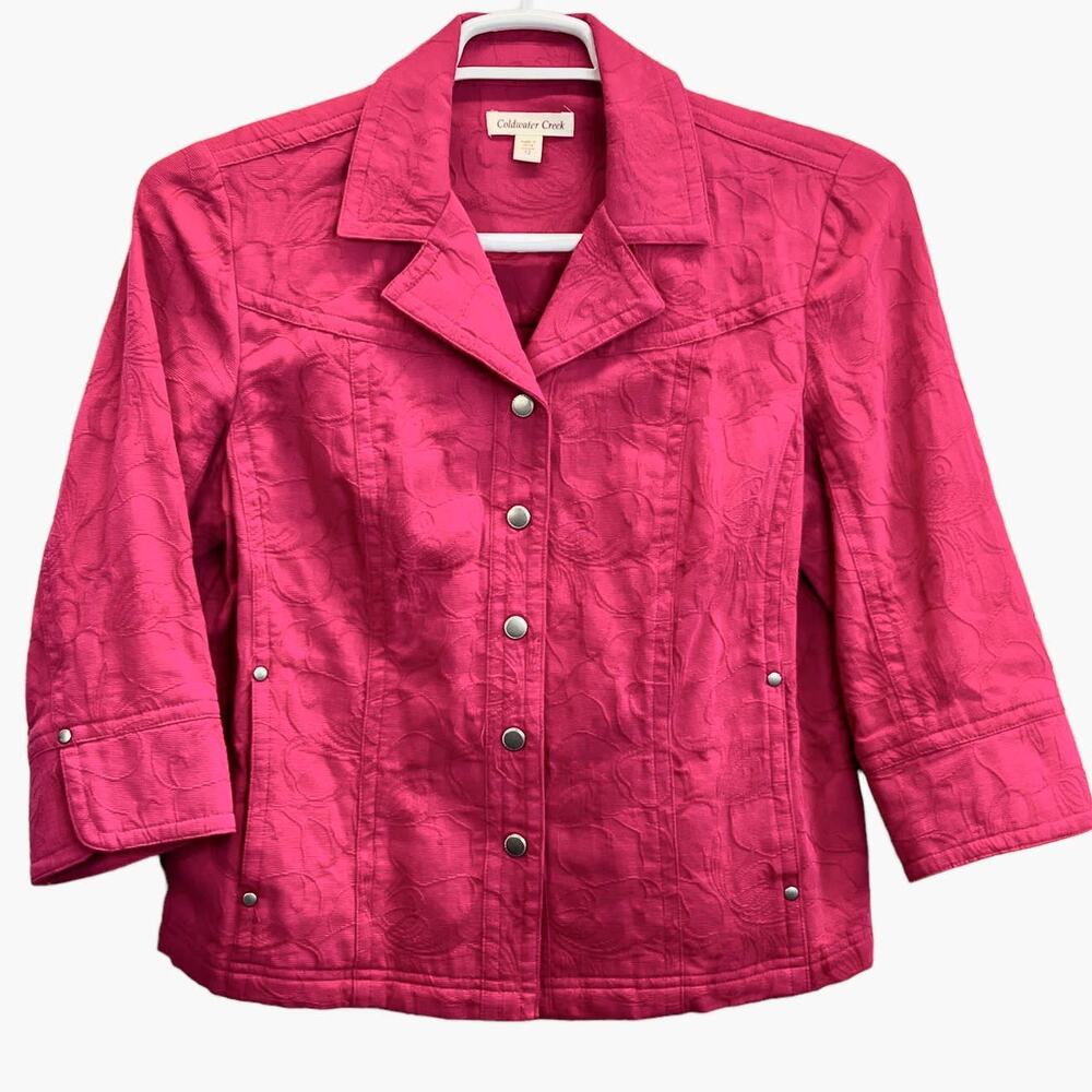 Coldwater Creek Snap Front Jacket Pink Size 12 Collard Short 3/4 Sleeve Cotton‎